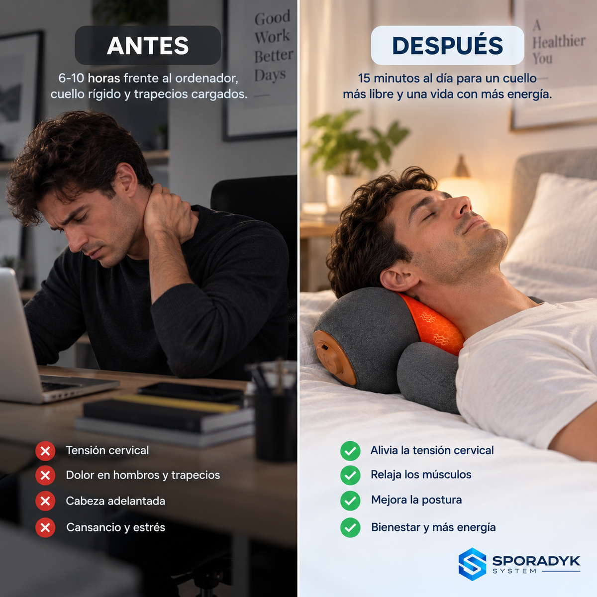 Sporadyk CerviRelax™ — Almohada cervical 3 en 1 con calor y vibración