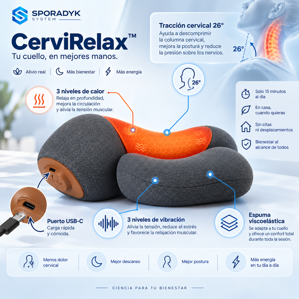 Sporadyk CerviRelax™ — Almohada cervical 3 en 1 con calor y vibración